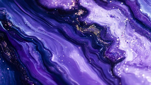 Vibrant purple fluid art with swirling metallic glitter.