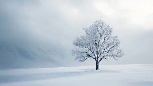 Solitary deciduous tree in snow-covered winter landscape.