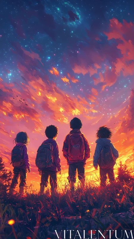 Stargazing children meet a wildfire sky of cosmic wonder.