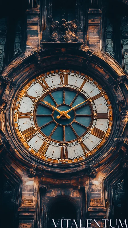 Large ornate clock face on historic stone building facade.