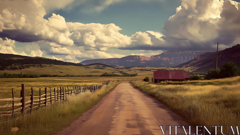 Sunlit country road leads toward distant storm-lit mountains