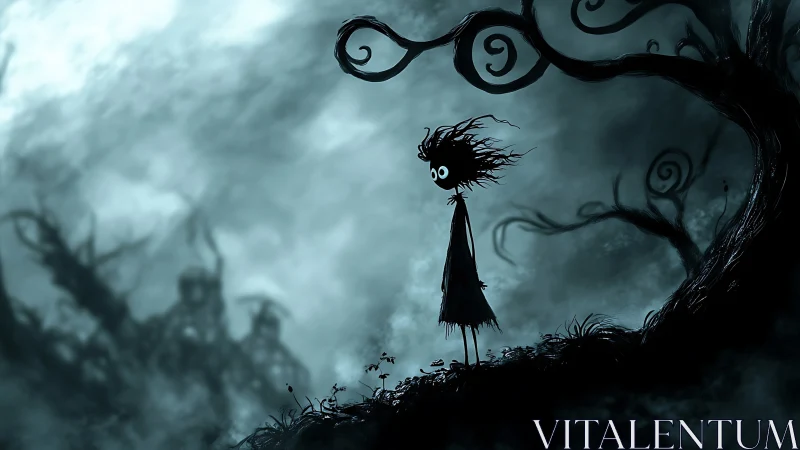 Elongated figure surveys a fog laden gothic forest in silhouette