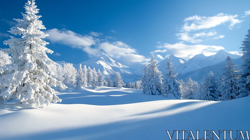 Snow-covered conifer forest before distant alpine peaks.