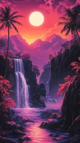 Chromatic tropical waterfall canyon under overscaled neon moon.