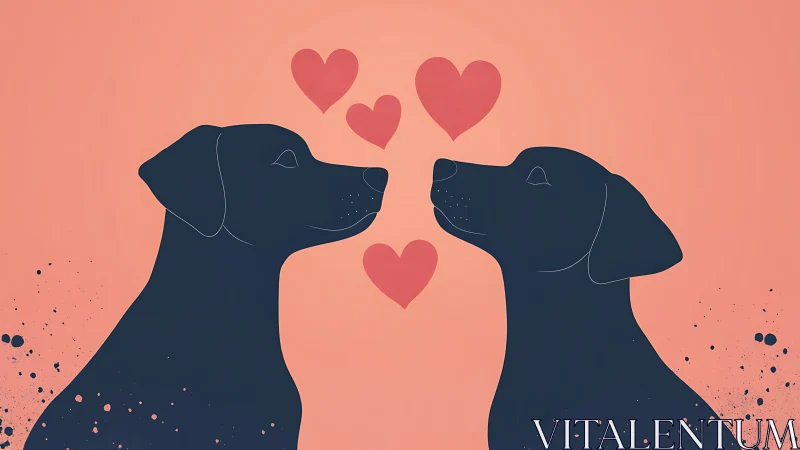 Two dark canines displayed facing inward with centered red heart motifs