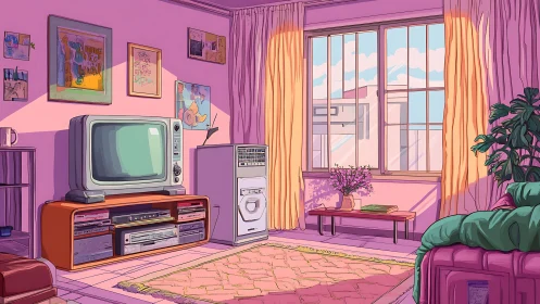 Retro pastel living room renders CRT TV, tape deck, and soft daylight