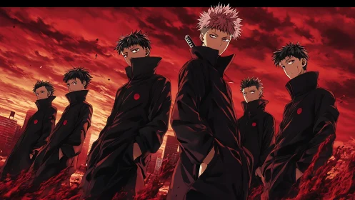 Synchronized anime silhouettes under hyper-saturated red skyline.