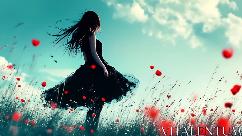 Silhouetted woman stands in poppy field under bright sky