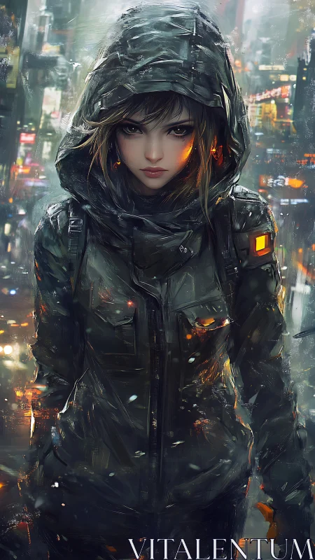 Hooded cyber city wanderer wrapped in neon night rain.