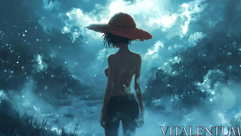 Solitary backlit figure in straw hat within misty blue dusk