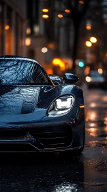 Wet midnight sports car profile with neon street bokeh.