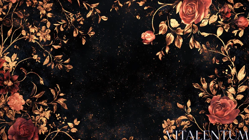 Floral arrangement with gold foliage and roses on dark background.