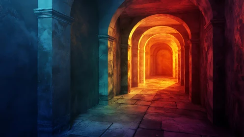 Luminous arched corridor bathed in warm and cool light.