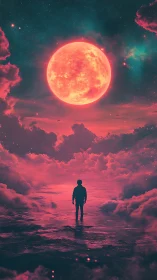Moon-drunk wanderer floats beneath a neon-tide sky