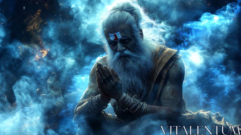Elderly sage in prayer amid swirling cosmic blue mist.
