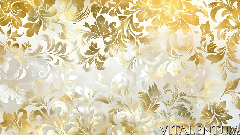Gold and white ornamental floral baroque surface pattern.
