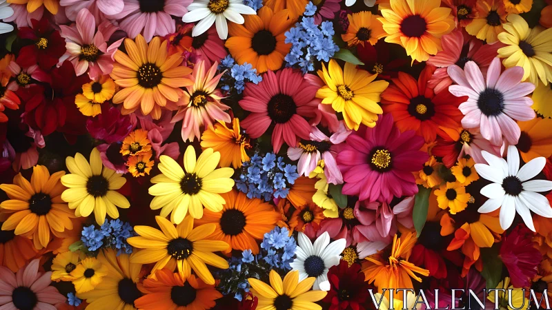 Dense arrangement of varied daisy-type flowers in multiple color ranges