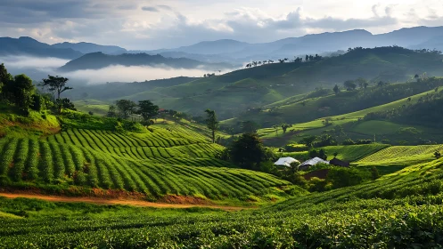 Green terraced tea fields in misty mountain valley at dawn.