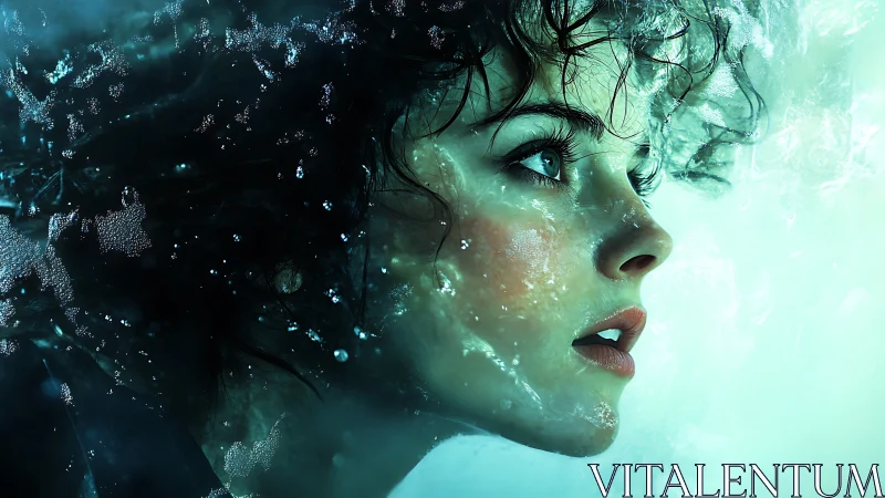 Submerged female profile rendered in high-contrast digital realism