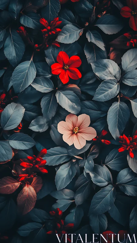 Vibrant Red Flowers Stand Out Among Dark Foliage.