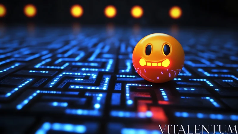Neon emoji sphere glows over futuristic circuit maze.