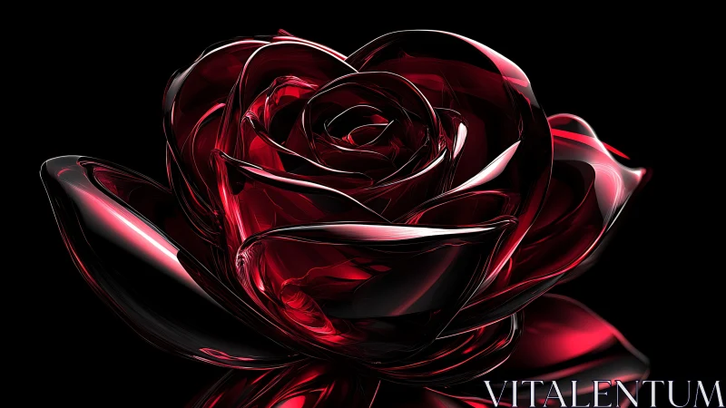 Three-dimensional rose rendered with translucent ruby petals against black background.