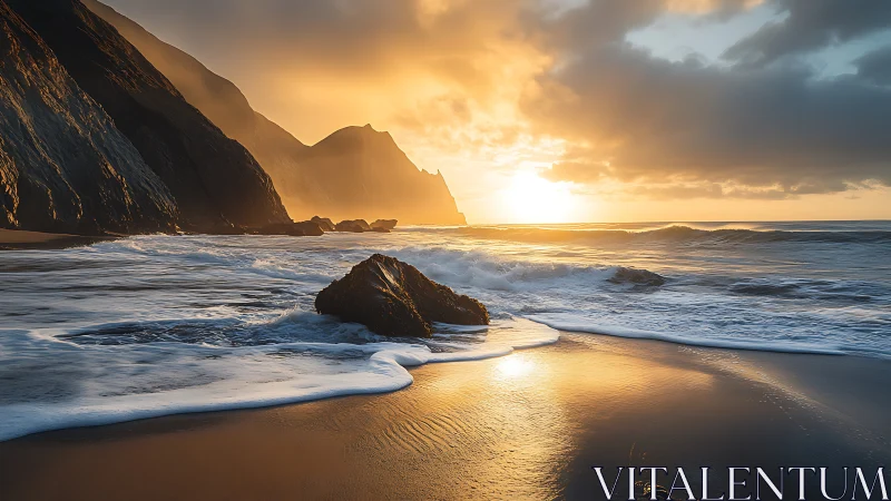 Sunset light intersects cliffs, shoreline, and reflective surf