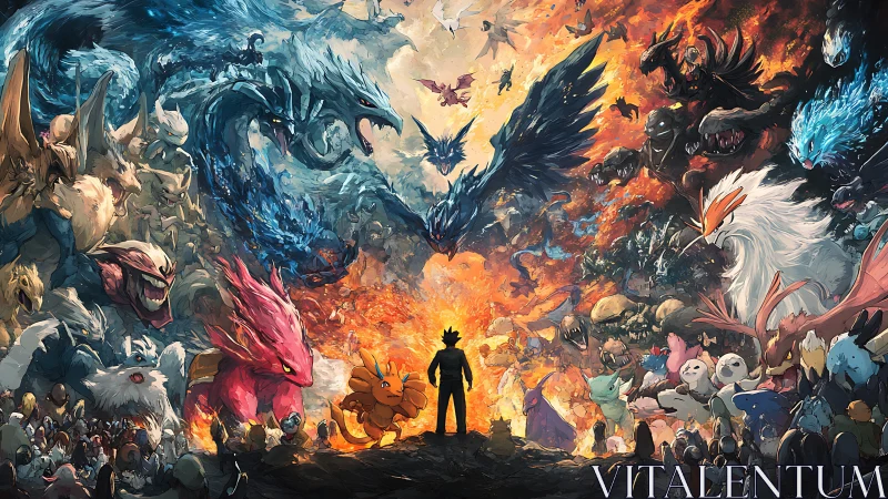 Central figure observes opposing elemental creature factions