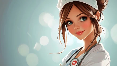 Soft-lit nurse portrait in glossy anime illustration style.