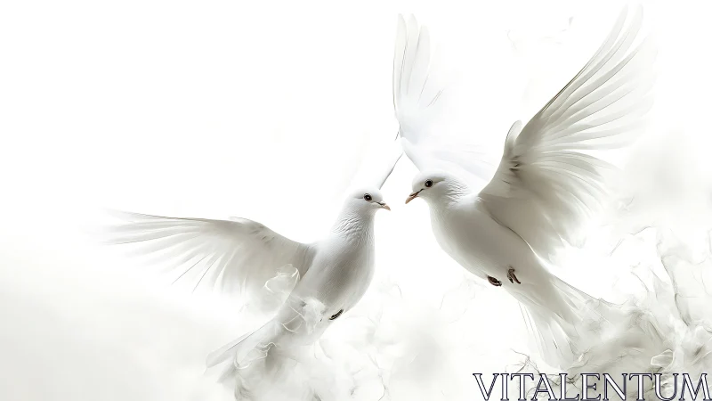 Two white doves in flight against neutral background.