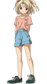 Anime girl stands in casual shorts and loose sneakers