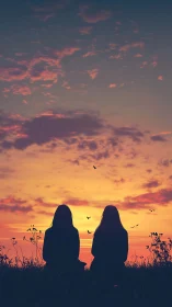 Silhouetted friends sit quietly beneath a glowing sunset sky.