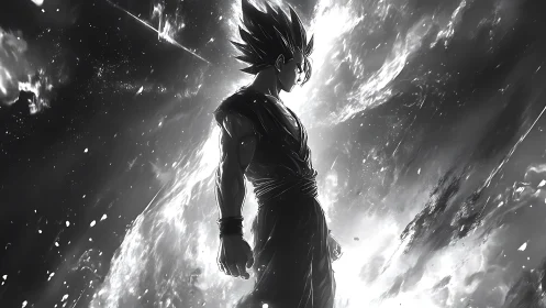 Celestial warrior pauses as cosmic storm ignites behind him