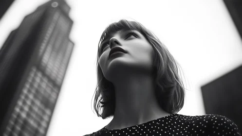 Woman looks upward between tall city skyscrapers in monochrome.