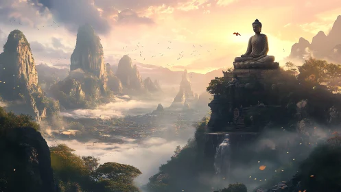 Mountain landscape with large Buddha statue at sunrise.