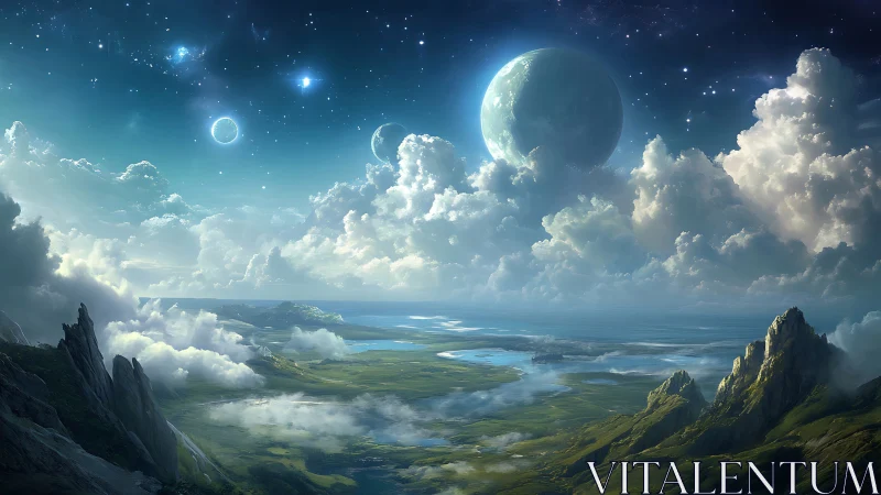 Expansive alien sky dominates luminous terrestrial valley