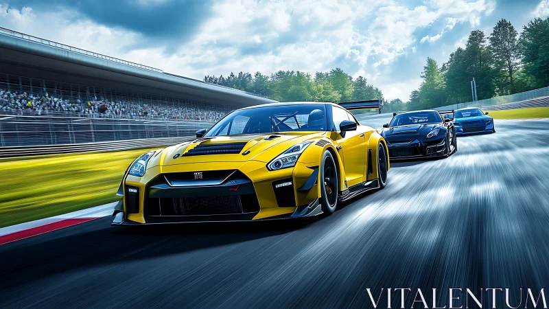 Yellow GT race car charges ahead on a sunlit speedway