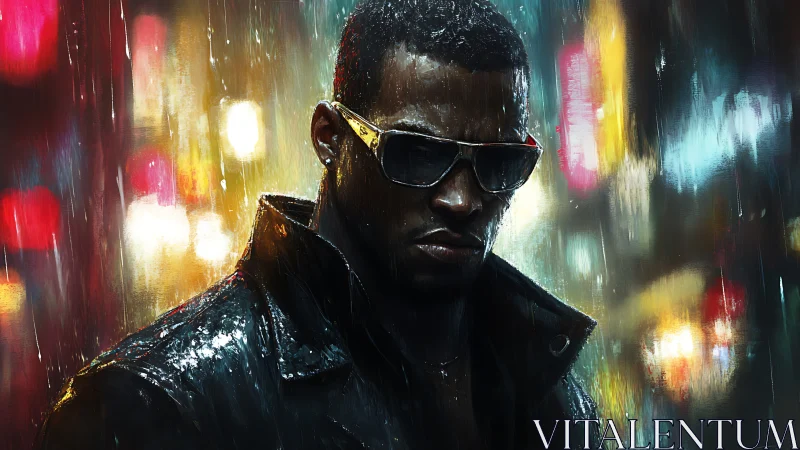 Brooding man in rain-soaked neon city street at night.