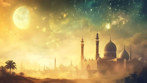 Golden desert city glows softly beneath twin enchanted moons