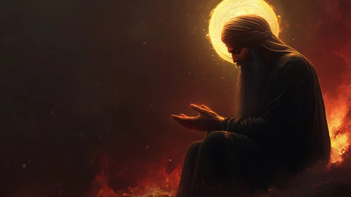 Mystic turbaned sage praying before radiant haloed sun.