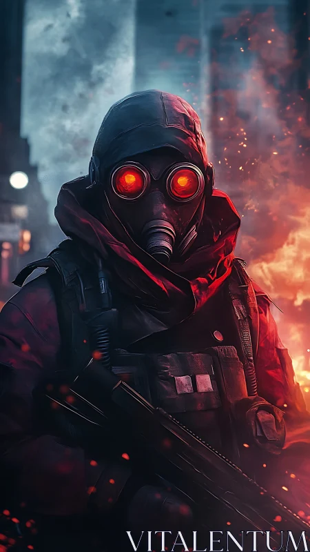 Crimson lookout patrols the burning streets of a ruined city