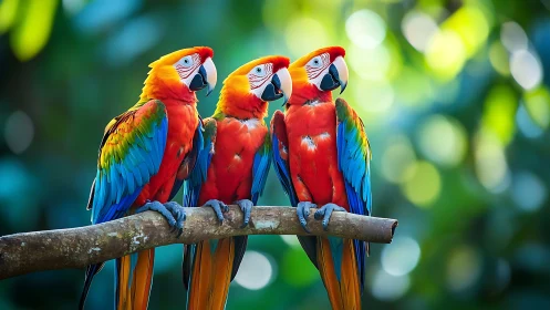 Three Vibrant Macaws Perched on Branch in Lush Tropical Setting.