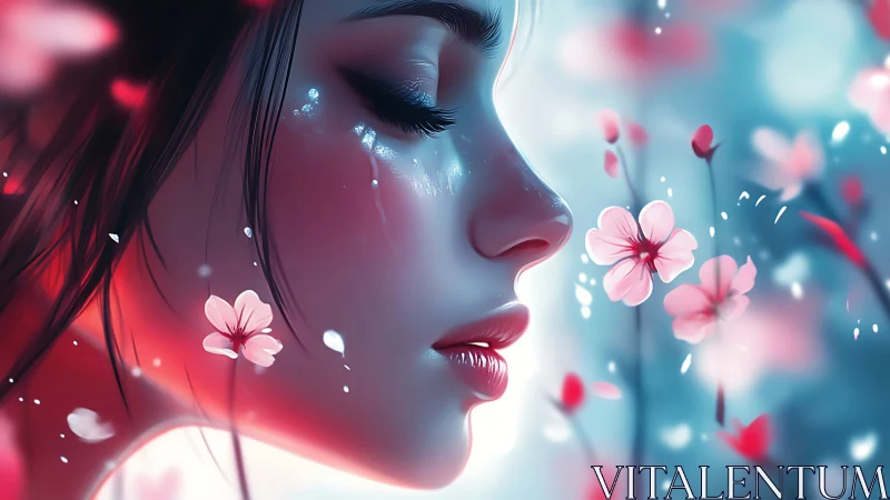Digital portrait of tearful woman among glowing blossoms.
