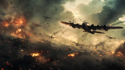 Roaring bombers slice through burning skies over a war-torn city