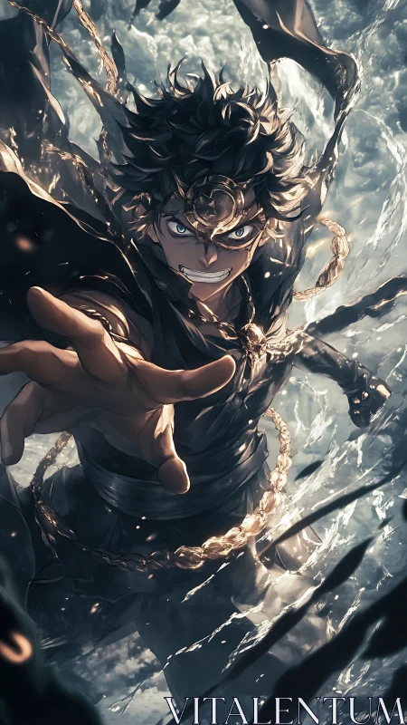 Anime warrior lunges forward through swirling liquid energy