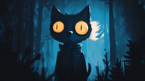 Nocturnal cat character with glowing eyes in blue forest.