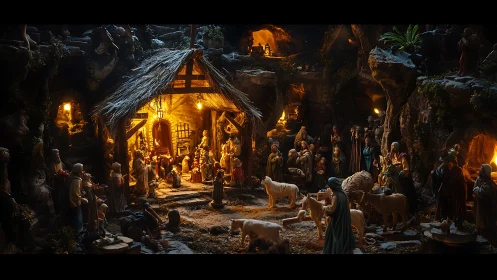 Illuminated nativity grotto diorama with dense figurine array.