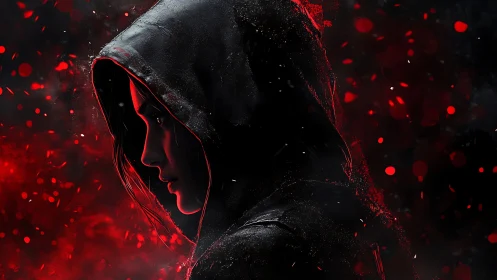 Side-lit hooded figure in red-black high contrast digital portrait