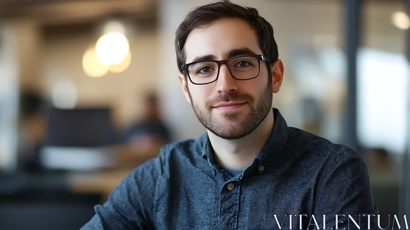 Photorealistic corporate headshot in modern office setting.