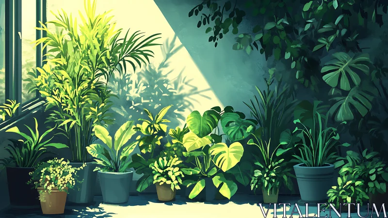 Indoor potted plants aligned against a sunlit corner wall